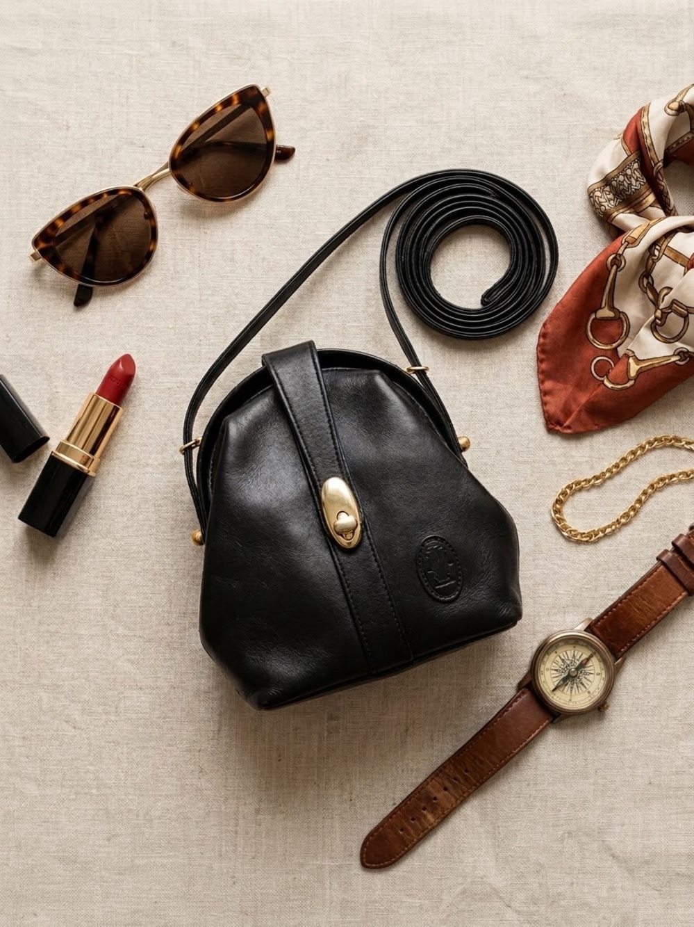 Classic Black Leather Crossbody Bag with Gold Accent